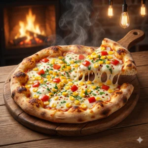 Delicious Cheesy Golden Corn Pizza slice with cheese pull, topped with yellow corn and red paprika on a wooden peel at Seohara Express.