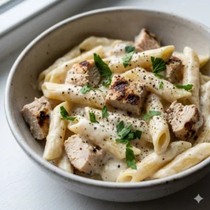 Delicious bowl of creamy white sauce pasta loaded with chicken chunks at Seohara Express.
