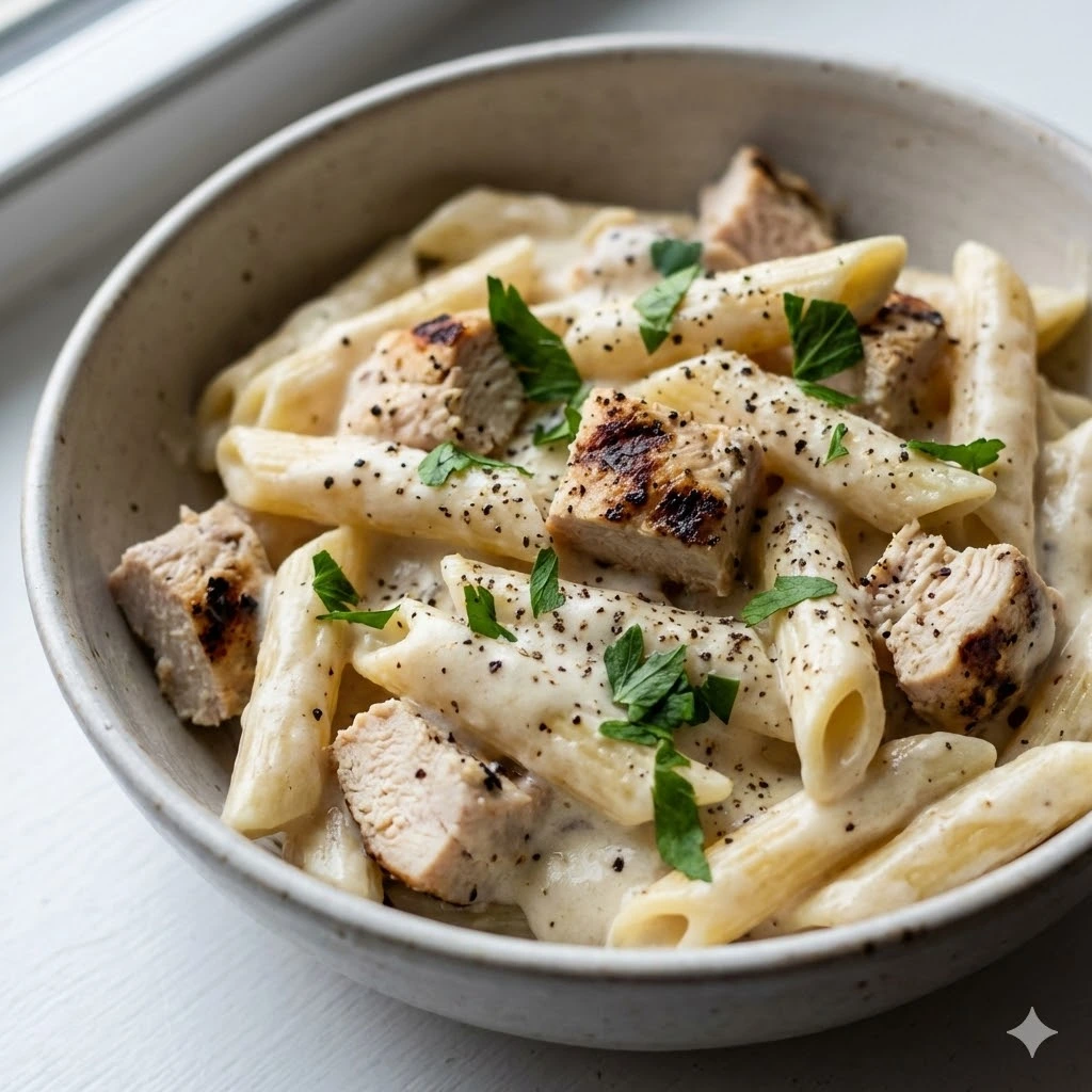 Delicious bowl of creamy white sauce pasta loaded with chicken chunks at Seohara Express.
