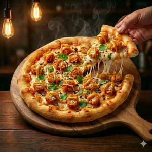 Crispy Chicken Popcorn Pizza topped with fried popcorn and liquid cheese on a wooden peel.