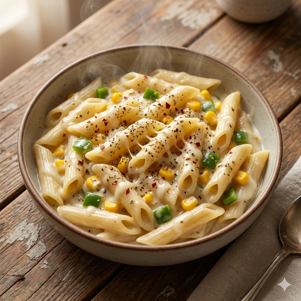 Bowl of delicious creamy white sauce penne pasta with corn and herbs at Seohara Express.