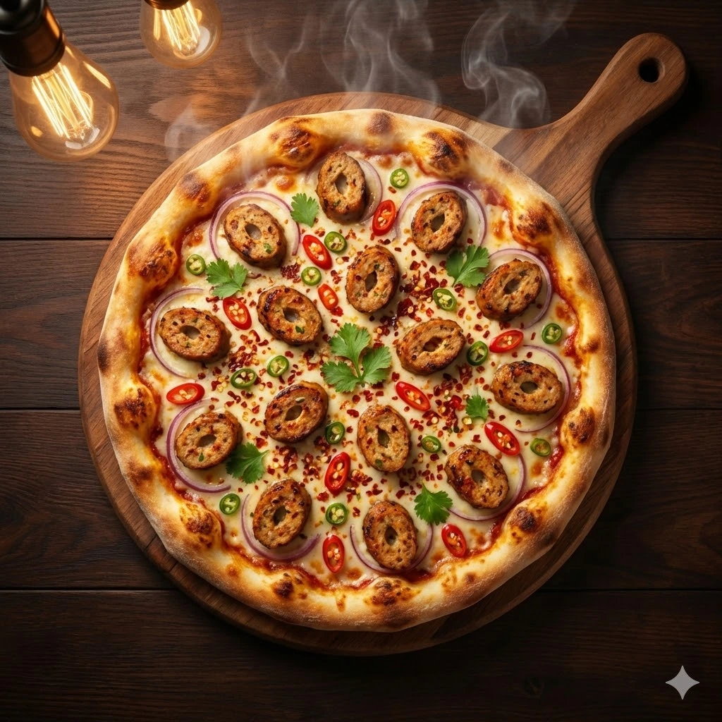 Delicious Chicken Seekh Kebab Pizza topped with roasted kebab slices, onion and coriander on a fresh dough base.