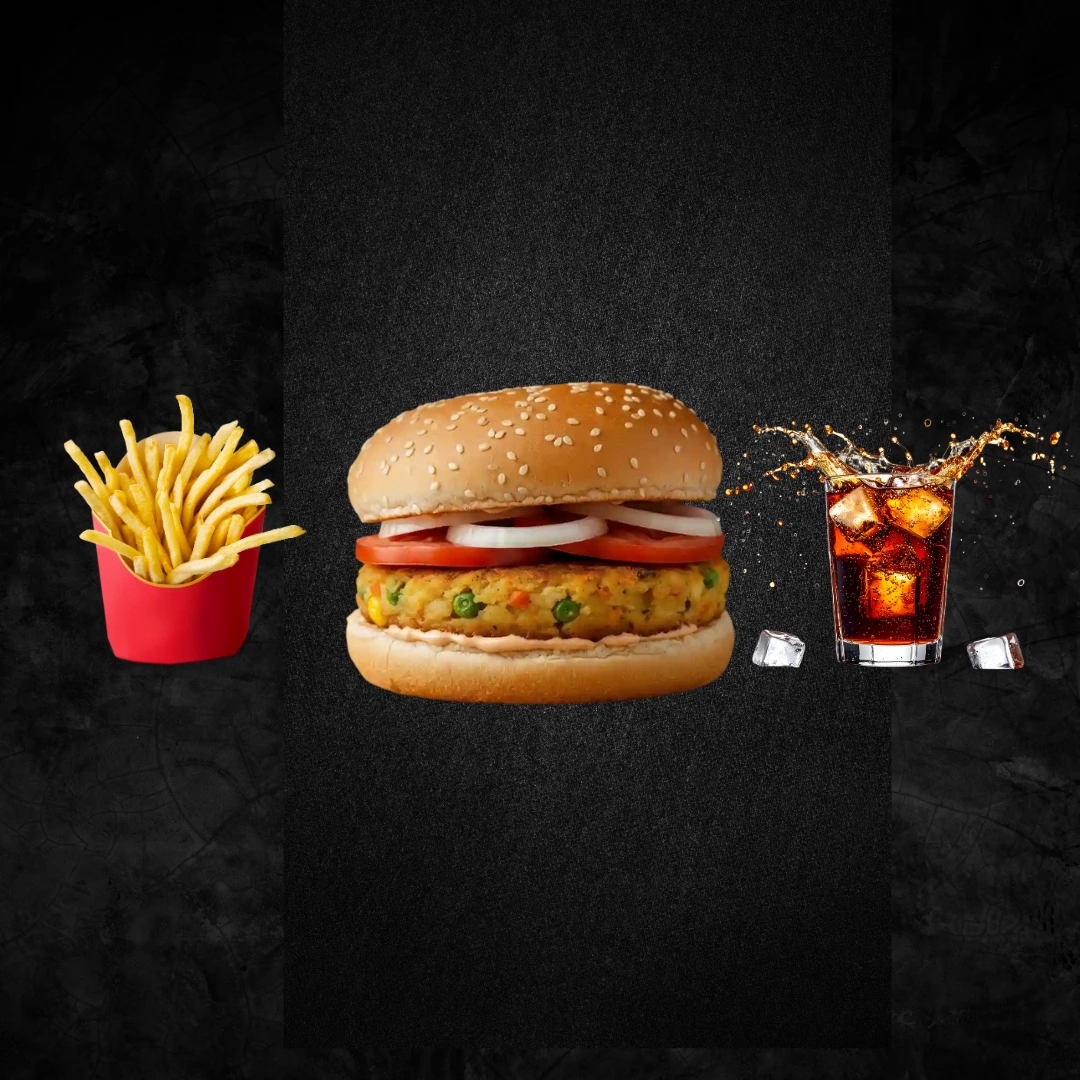 Seohara Express ka Crispy Budget Meal jisme hai kurkura Aloo Tikki Burger, French Fries aur chilled Cold Drink.