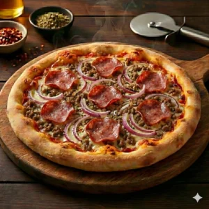 Delicious Chicken Meatzzarella Pizza loaded with red onions and melted mozzarella cheese on a wooden board.